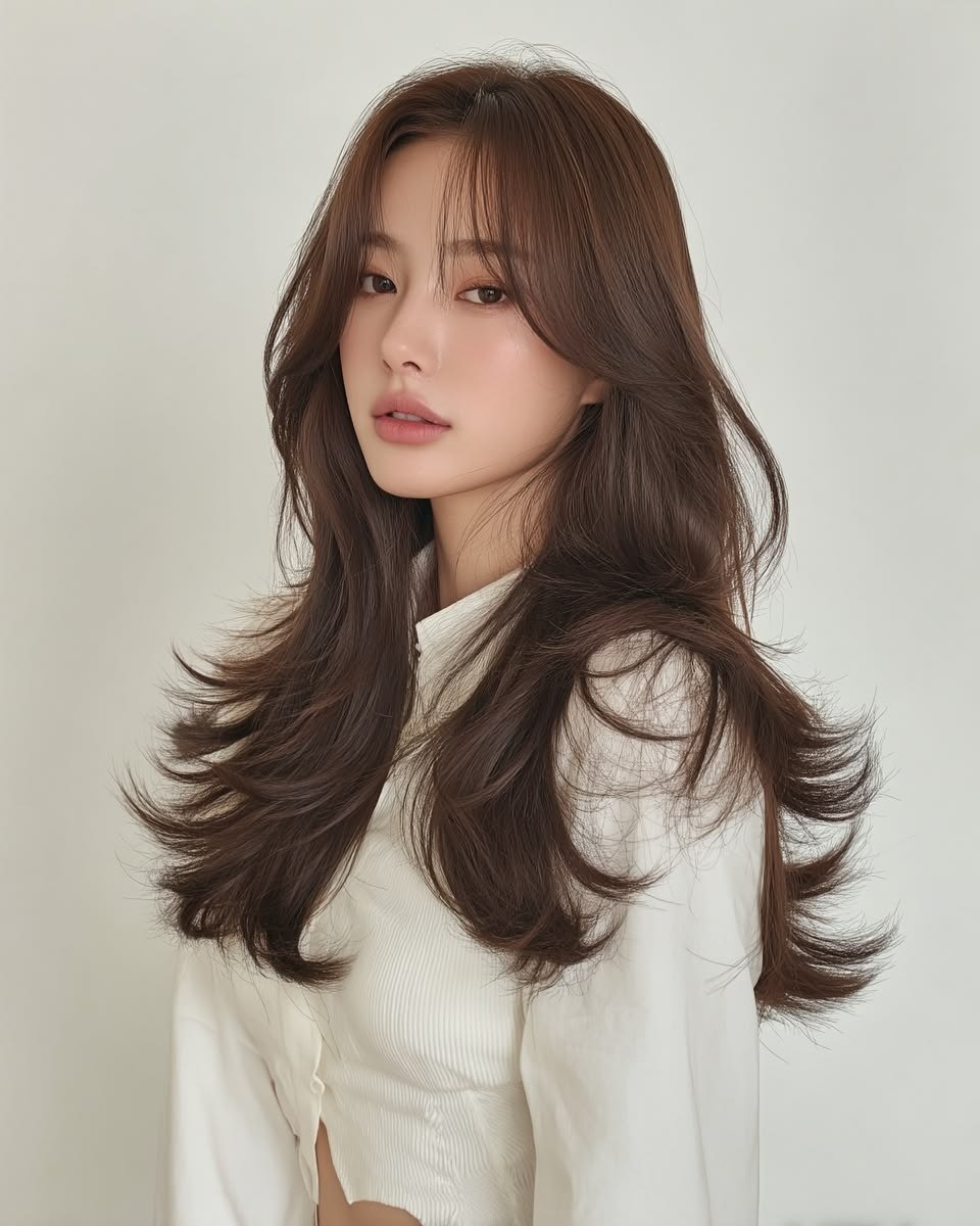 애쉬브라운 긴 레이어드 웨이브 — 부산 전포·서면 베이진 헤어 애쉬브라운 염색